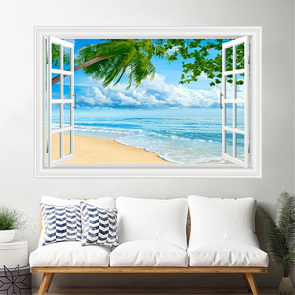 HOTIYOK Fake Window Sticker Wall Sticker Window Ocean Window View Painting Style Wallpaper Poster Blue Sky and Sea Sea of Clouds Mirror Lake Surface