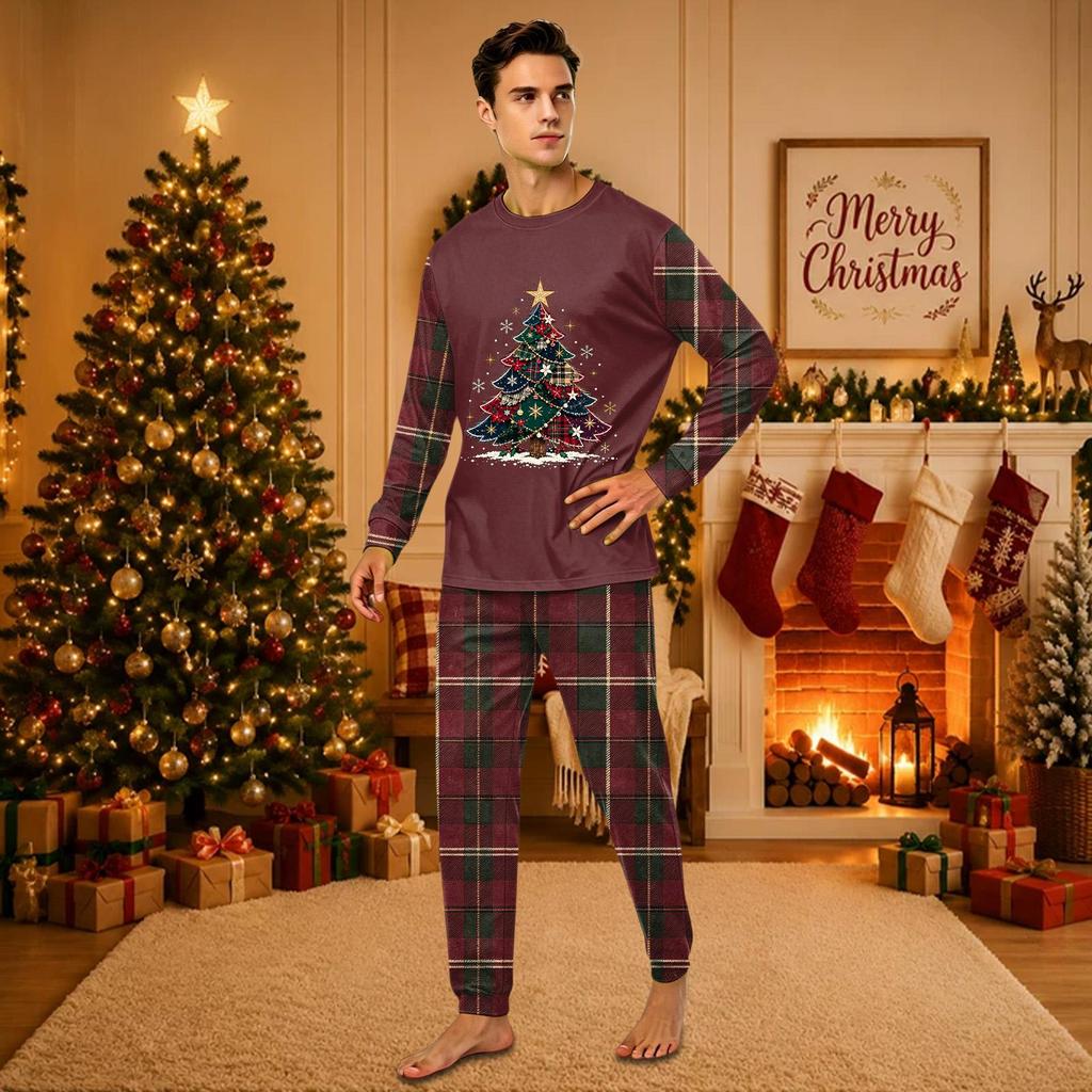 Christmas-print long-sleeve and long-pant matching family loungewear set