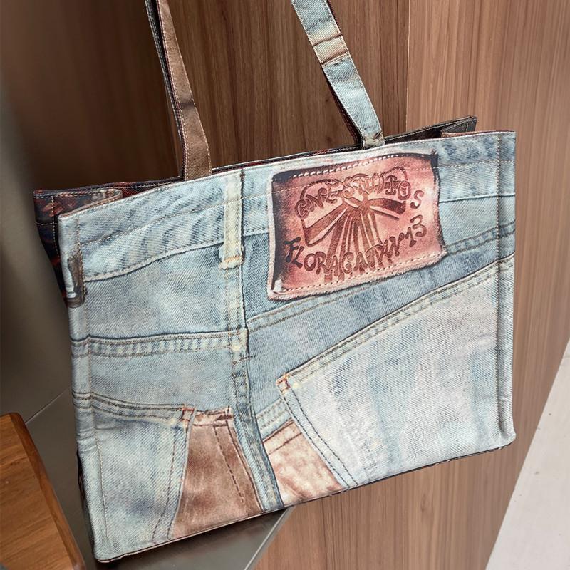 Retro Denim Oil Painting Splicing Large Capacity Tote European and American Silk Screen Design Niche