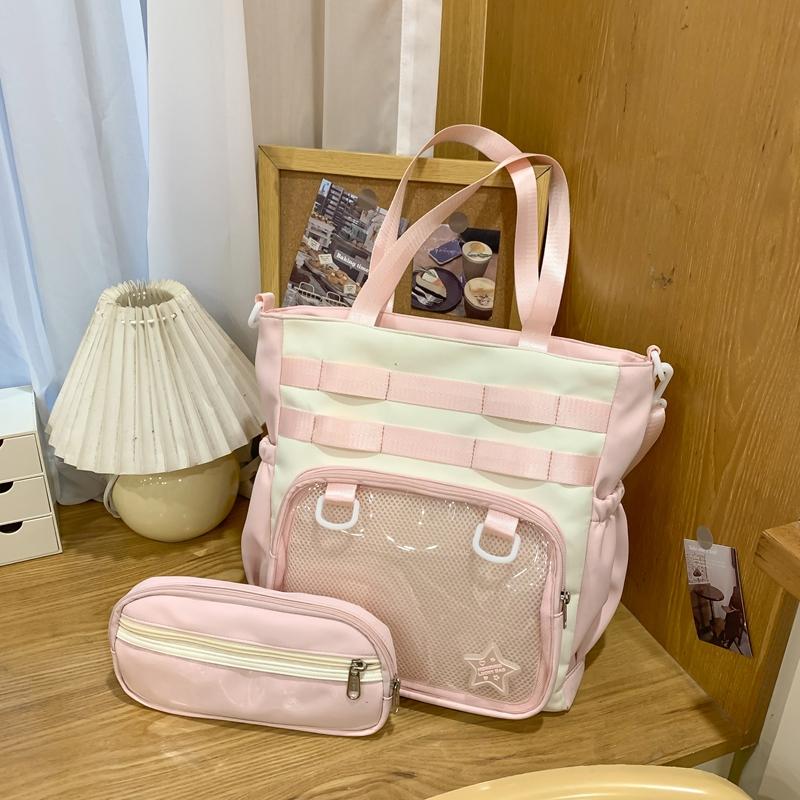 Solid Color Transparent Crossbody Bag Student Handbag Women's Large Capacity Shoulder Tote Bag with Pen Bag