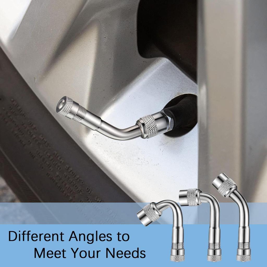 8 Pieces Tire Valve Extension, 2 Pieces Dual Tire Valve Extension Valve Stem Installation Tool with 6Pcs 45 90 135 Degree Brass Valve Stem Extender