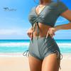 Sexy Bikini 2Pcs/Set Women Summer Set V-Neck Short Sleeve Tops High Bow Tie Swimsuit Waist Drawstring Swimming Trunks Solid Color Quick Drying