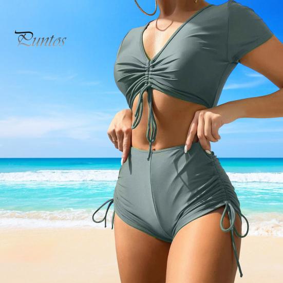 Sexy Bikini 2Pcs/Set Women Summer Set V-Neck Short Sleeve Tops High Bow Tie Swimsuit Waist Drawstring Swimming Trunks Solid Color Quick Drying