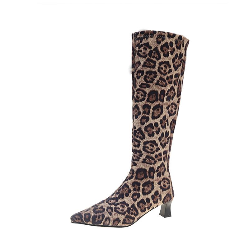 Dames Luipaardprint Puntige Neus Kniehoge Laarzen Suède Dikke Middelhoge Hak Lange Laarzen Herfst Winter Mode Schoenen 39 black