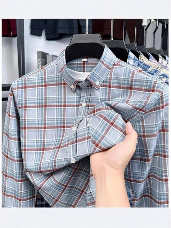 Herr Premium Långärmad Rutig Bomullsskjorta: Nedvikt krage, Vår/Höst Business Casual
