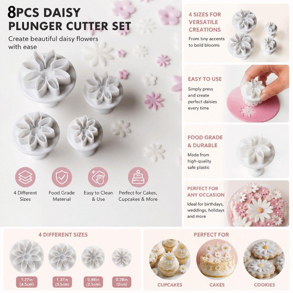 8pcs 8 Petals Shape Fondant Cutter Mold Daisy Pattern Flower Plunger Cutter Biscuits Sugar Cubes