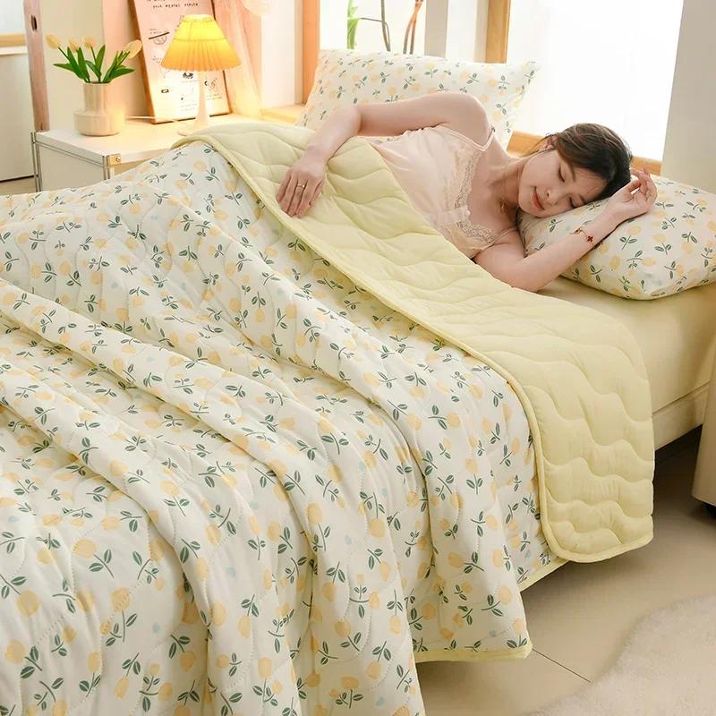 New Floral Spring Summer Quilt and Pillowcase Soft Skin-friendly Single Double Blanket Knitted Breathable Thin Comforter Duvet