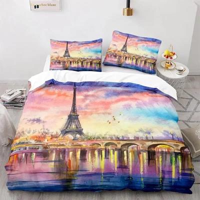 Eiffel Tower Duvet Cover Set King Size Vintage Beautiful World Famous Building Sakura Twin Polyester Bedding Set For Kids Girls