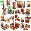 MOC Medieval Furniture Pharmacist Wine Barrel Bar Scrolls Cabinet Building Blocks Piano Bookshelf Paper Map Bedrooms Bricks Toys