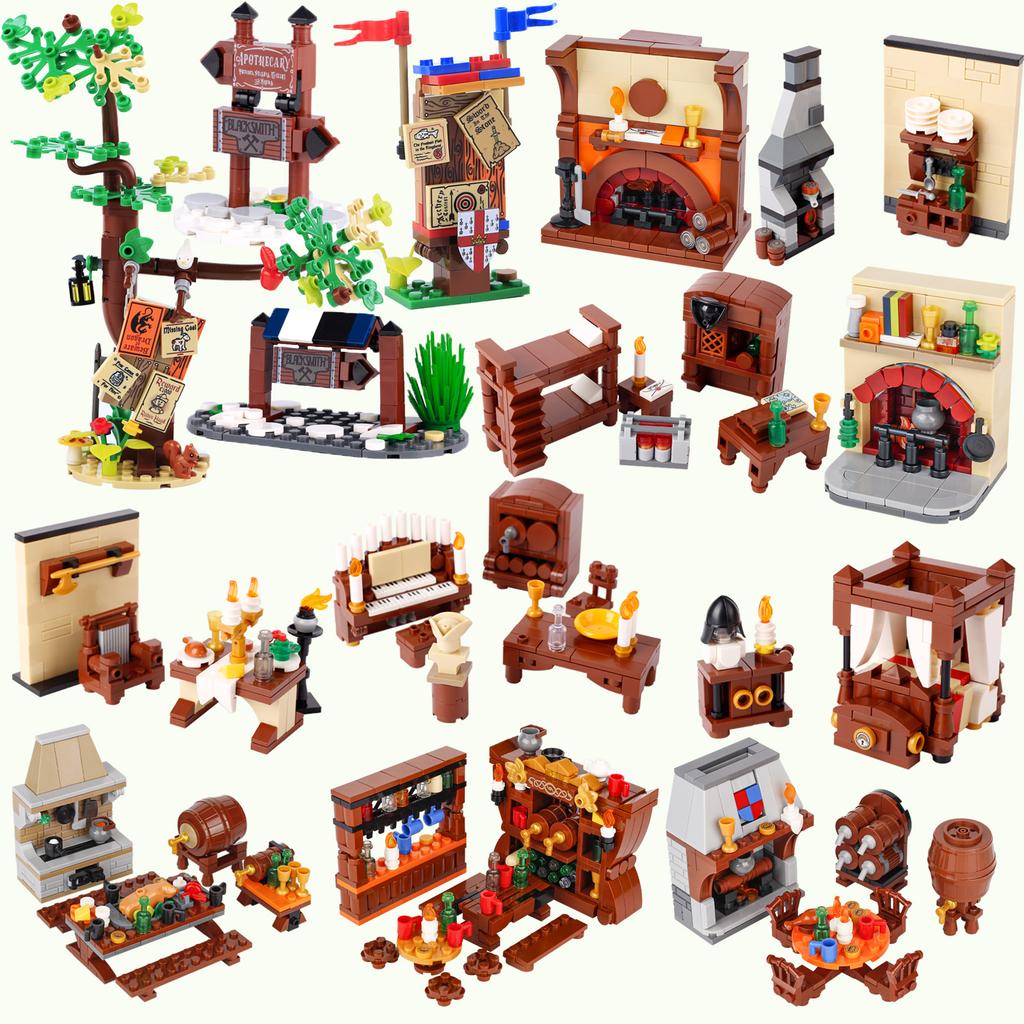 MOC Medieval Furniture Pharmacist Wine Barrel Bar Scrolls Cabinet Building Blocks Piano Bookshelf Paper Map Bedrooms Bricks Toys