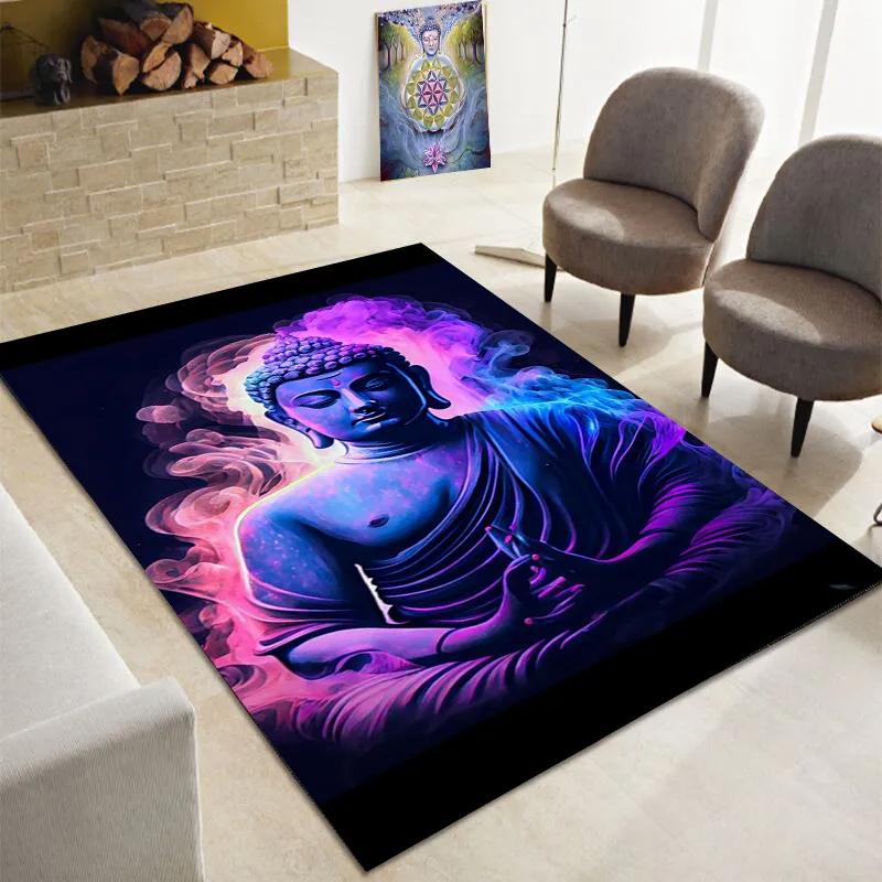 Buddha Teppich, Buddhismus Bereichsteppiche für Schlafzimmer Wohnzimmer Eingangsbereich, Buddha Statue Muster Meditation Bodenmatte Rutschfester Yoga Teppich