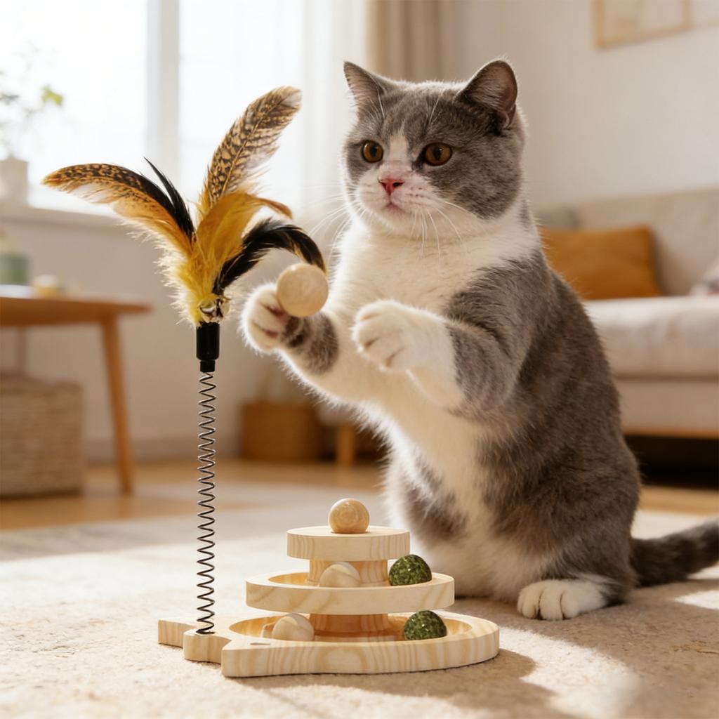 Wooden Cats Toy Set: Turntable, Catnip Teaser Wand & Scratching Post – Ideal For Indoor Cats’ Self-Play & Care