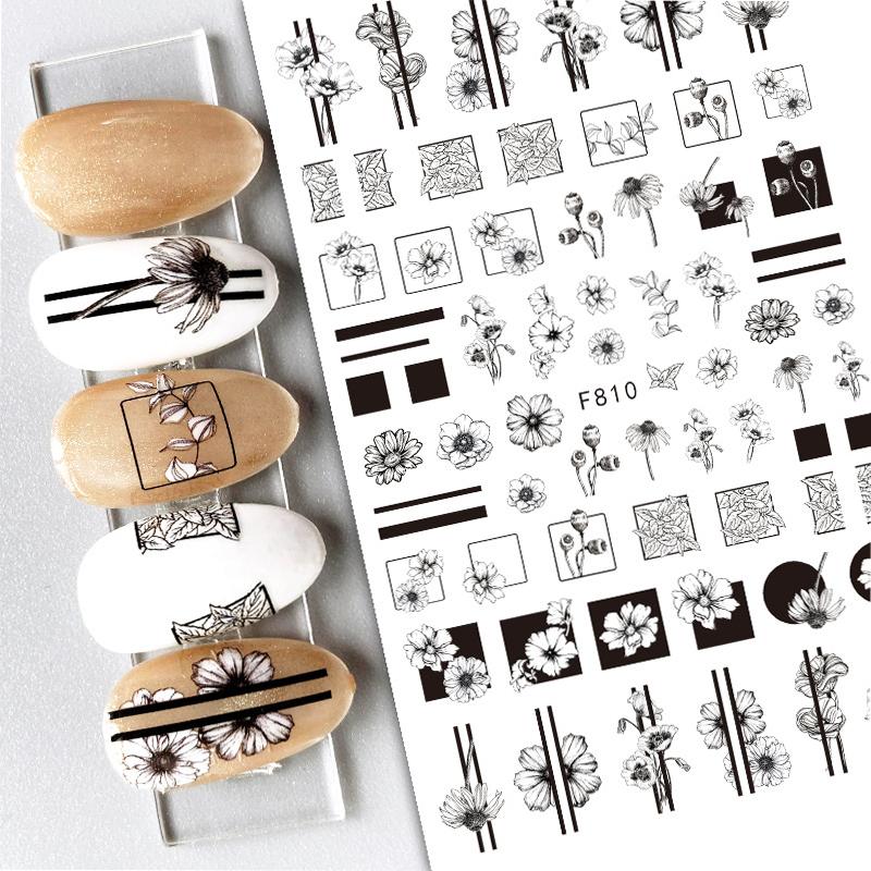 Zurück Kleber Aufkleber 3D Nagel Aufkleber Schwarz Weiß Geometrische Zeichnungen Designs Nagel Aufkleber Dekoration Für Nail Art Schönheit