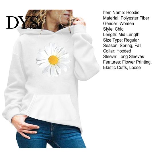 Autumn Hoodie Spring with Big Front Pocket Flower Printing Long Sleeve Daily Wear Pullover Elastic Cuffs Thic Hooded Sweatshirt Sport Top