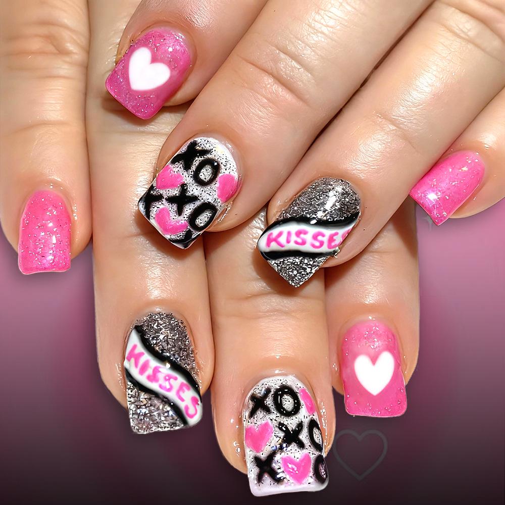 Valentine s Day Shiny Heart Design Wearable Nails - Heart & Silver Glitter Manicure Set (24 Pieces)