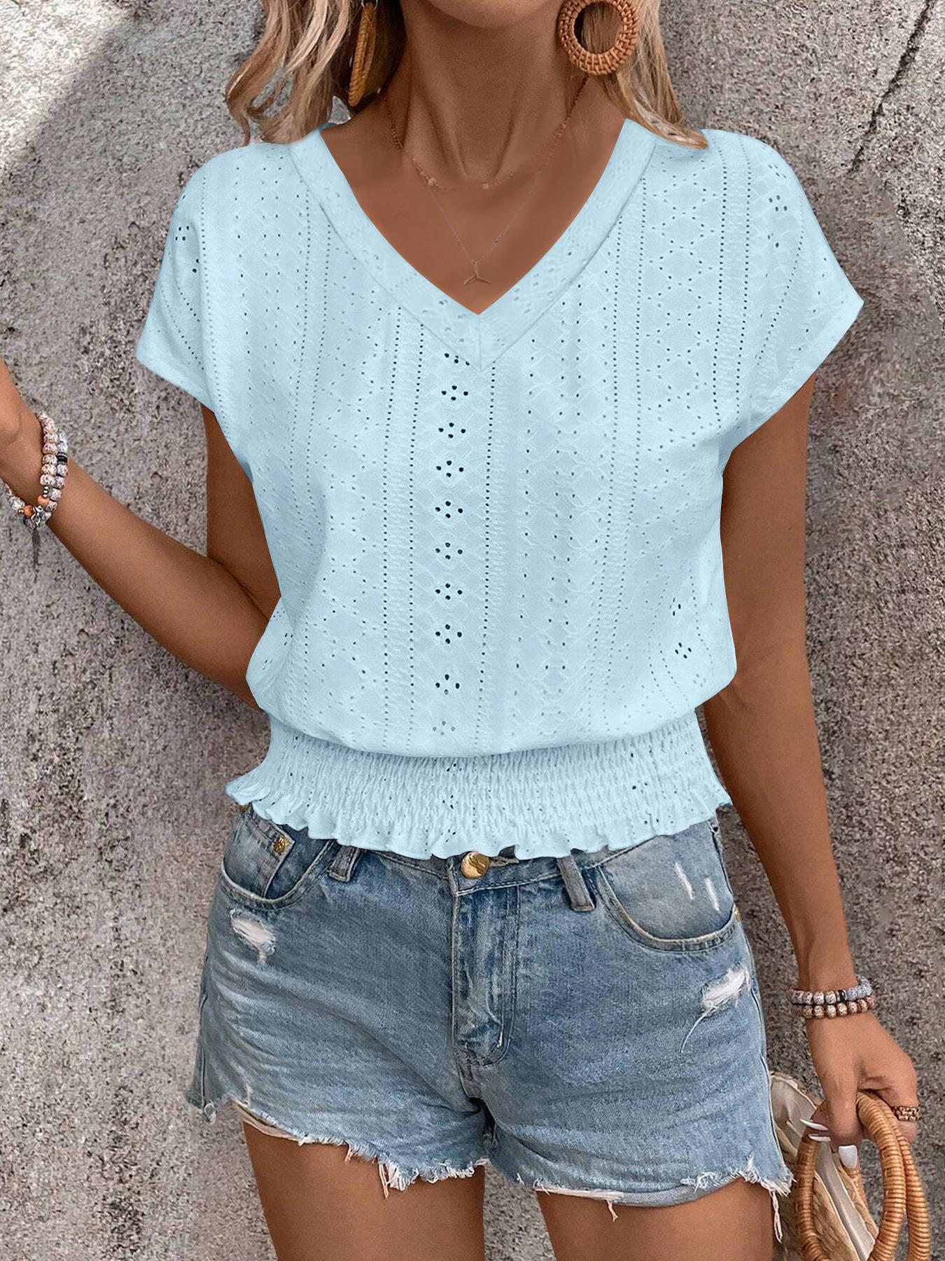 2026 Spring/Summer V-Neck Jacquard Cutout Ruched Short-Sleeve Women s Casual Fashion Top S