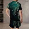 Men s Plus Size Green Black Printed Round Neck Short Sleeve Top And Drawstring Shorts Set