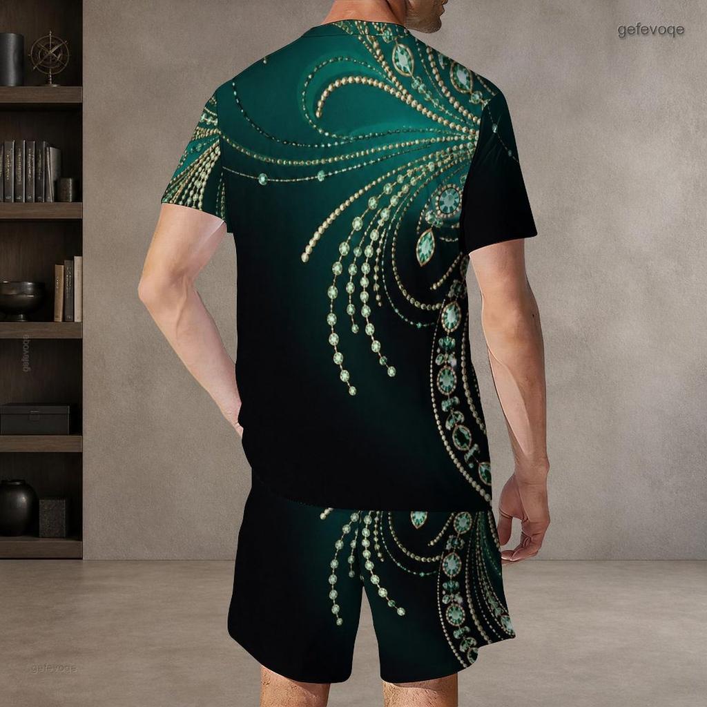 Men s Plus Size Green Black Printed Round Neck Short Sleeve Top And Drawstring Shorts Set
