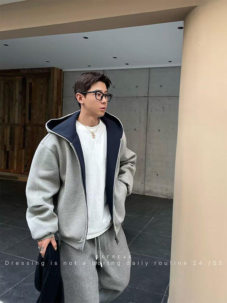 Men's Color Block Double-Zip Oversized Hooded Sweatshirt - Autumn Casual Cardigan