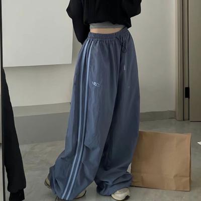 Women Cargo Pants Elastic Waist Drawstring Hem Casual Pants with Pockets Side Stripes Wide Leg Sport