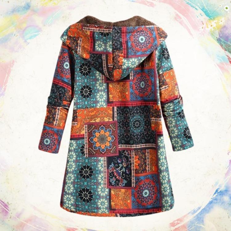 Vintage Flower Print Hooded Jacket Ladies Long Sleeve Thick Plush Plus Size Composite Hooded