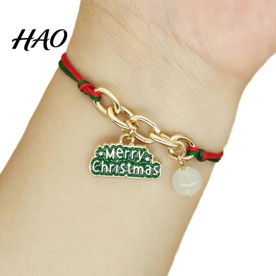 Stackable Festive Wrist Jewelry Christmas Bracelets, Red Green String Bracelet, Adjustable Charm Bracelet Webbing with Glow in The Dark Bead for Women