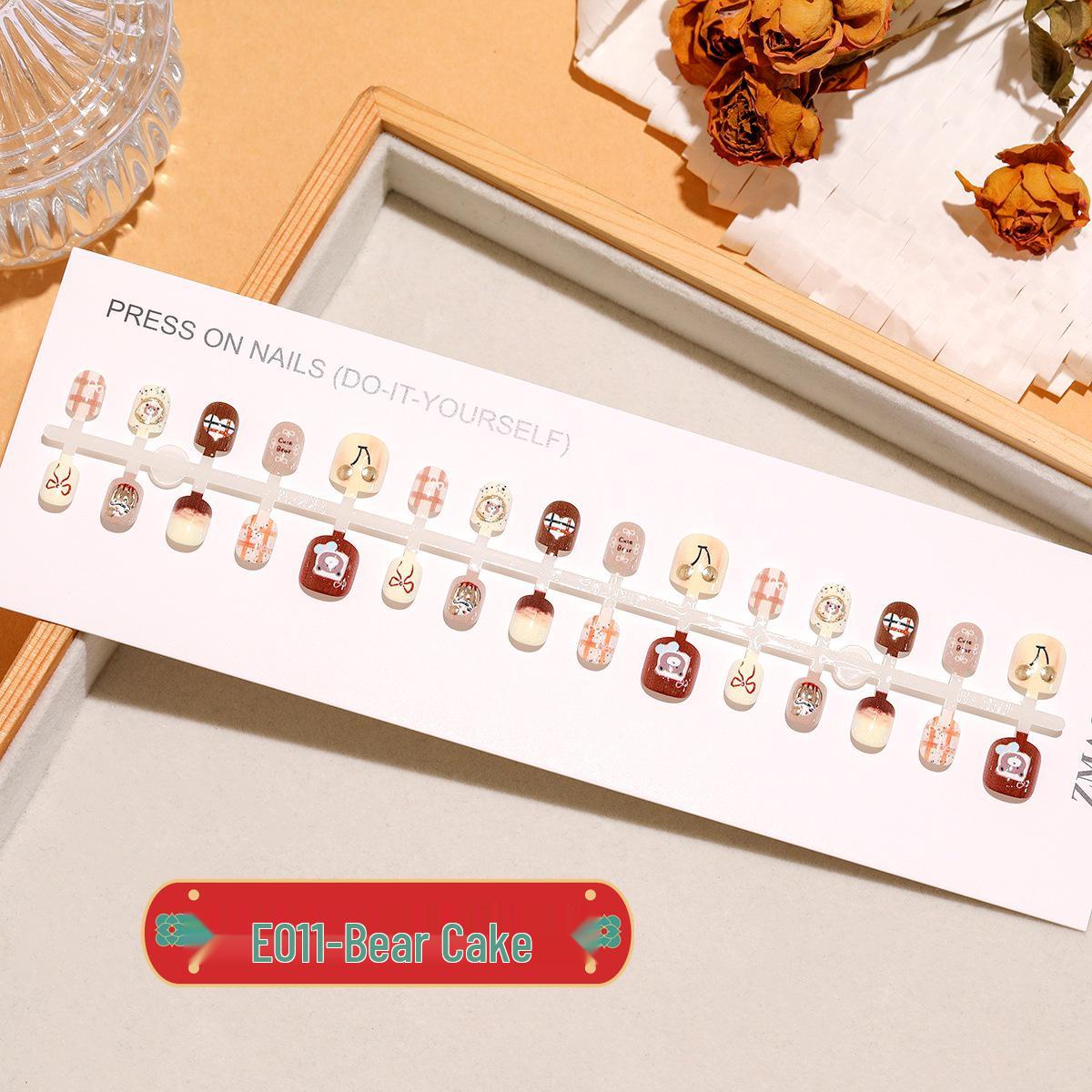 

E011 Cute Bear Cake Nail Art for Kids: Pre-made, One-Size Wearable Nails