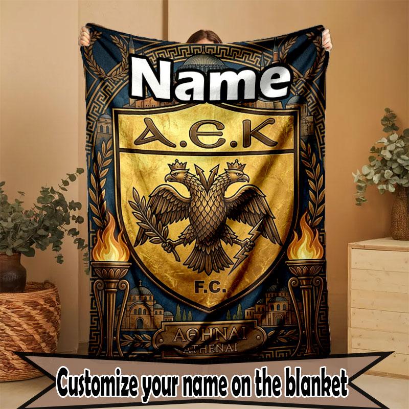 Custom Name Personalized AEK Athens FC Print Blanket, Home Decor, Bedroom, Sofa, Camping, Couch, Gifts for Birthday Christmas