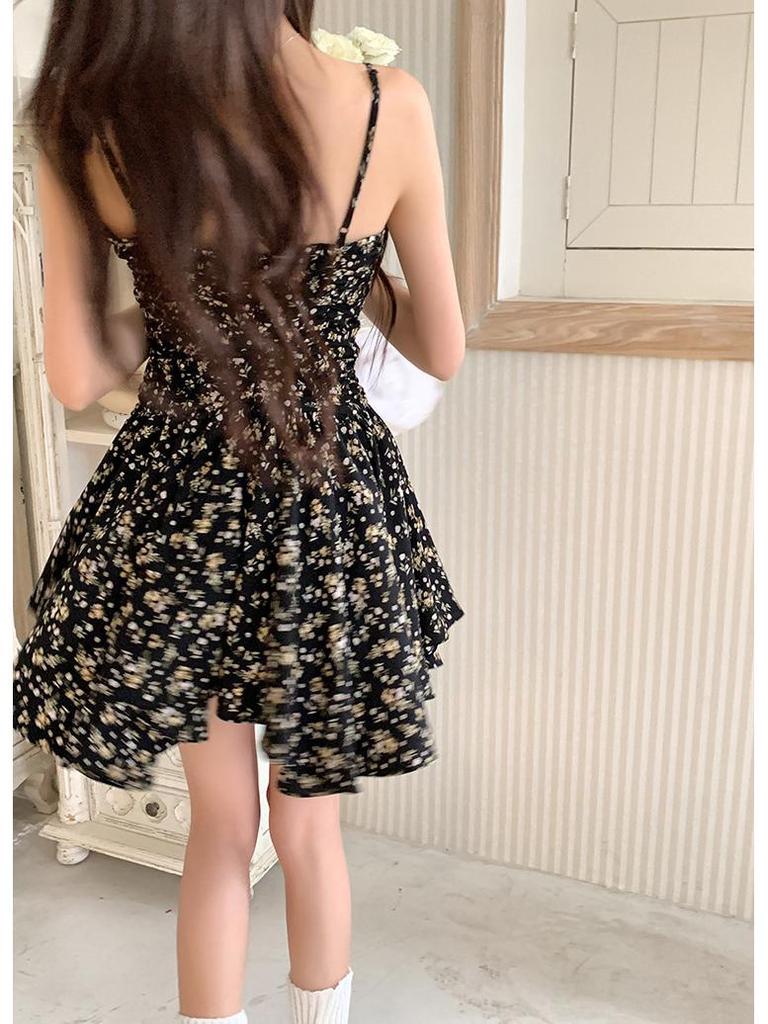 Spring/Summer 2026 Black Floral Tea Dress - Women's Short Camisole Skirt