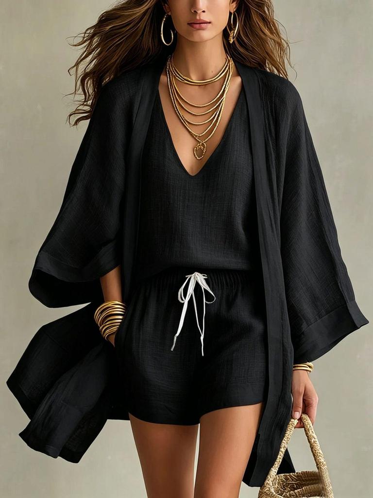 European/American Spring-Fall Three-Piece Set: Loose 9-Sleeve Cardigan, Sleeveless Vest, and Long Pants.