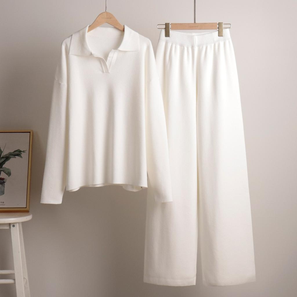 New Fall/Winter Women's Two-Piece Set Polo-Neck Knit Pullover and Wide-Leg Pants