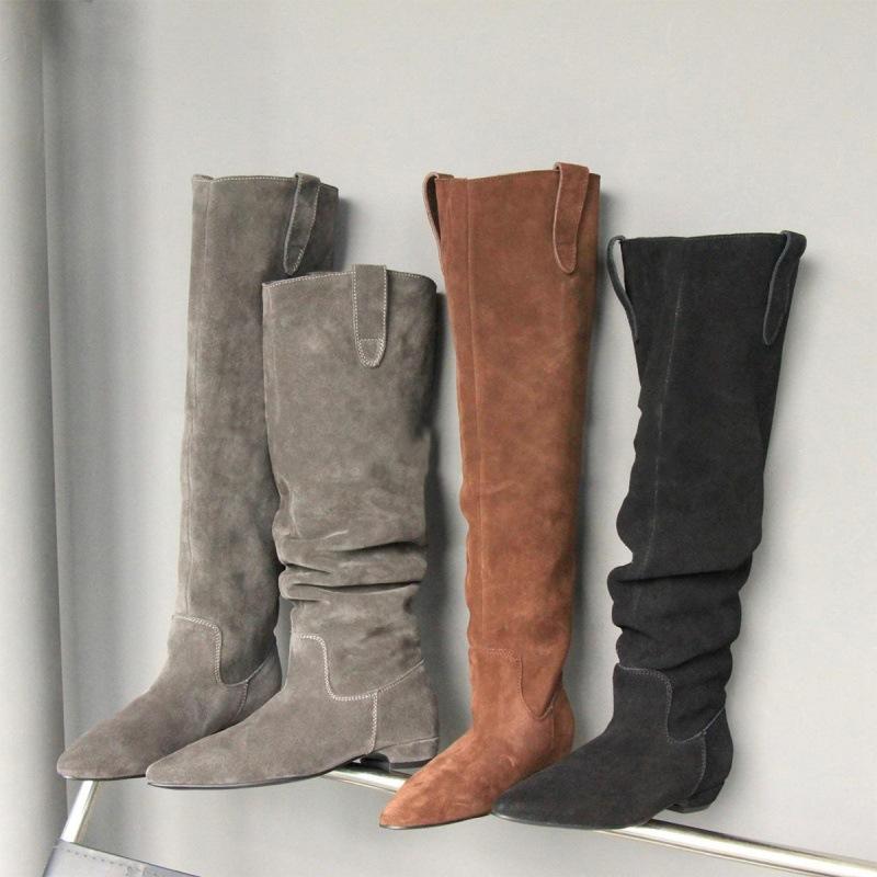 Fårskinnsversion ~ retro platta stövlar damläder i matt läder med breda rörformade veckade luggstövlar, smala och mångsidiga riddarstövlar.