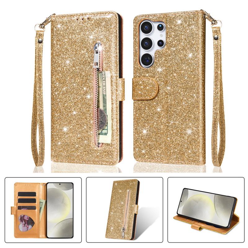 Custodia a Portafoglio Flip in Pelle con Zip Glitterata Per Samsung A57 A37 A17 A56 A36 A26 A16 A55 A35 A25 A15 A54 A34 5G S21 FE S22 S23 S24 Plus S25 Edge S26 Ultra