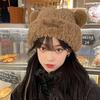 2025 High Quality Cute Bear Ear Knitted Hat Autumn Winter Warm Thick Plush Ear Warm Protective Travel 100% Polyester Women