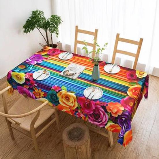 Mexikanische Blumige Tischdecke Rechteckig Volkskunst Muster Tischdecke mit Zackensaum Bunte Blumen Tischabdeckung für Esstisch Party Dekoration