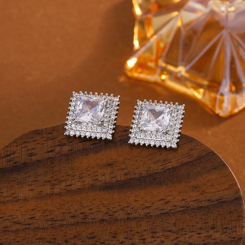 Women's 925 Silver-Plated Square Zircon Stud Earrings - Geometric Style Gift for Party & Birthday