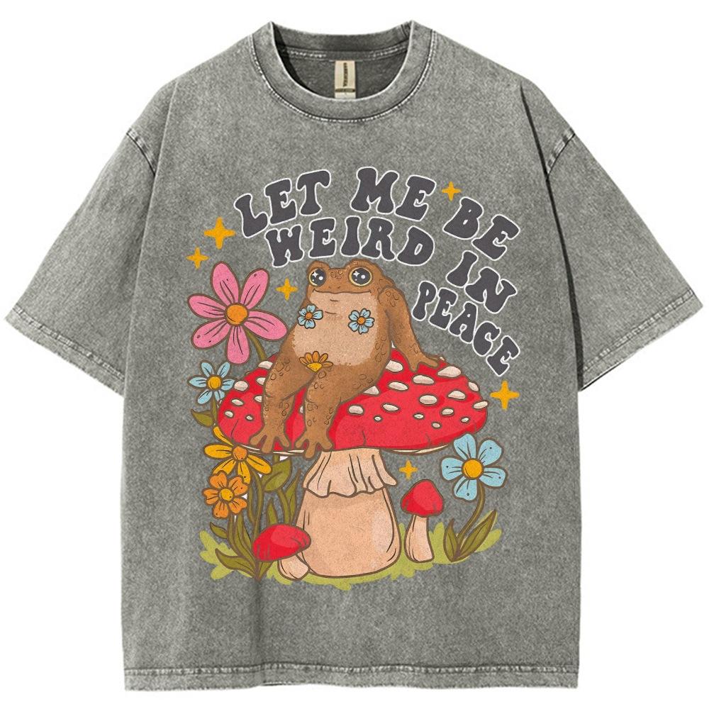 Lazy Cute Frog Mushroom Flower Print T-Shirt Retro Washed De S серый