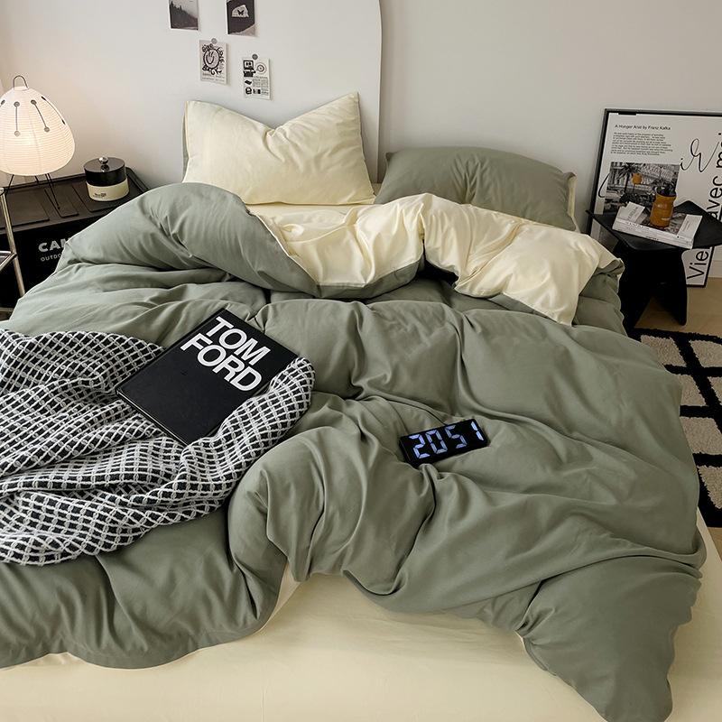 Einfarbiges vierteiliges Bettlaken-, Bettbezugs- und Steppdeckenbezug-Set für Zuhause, Wohnheim und Einzelbettwäsche.