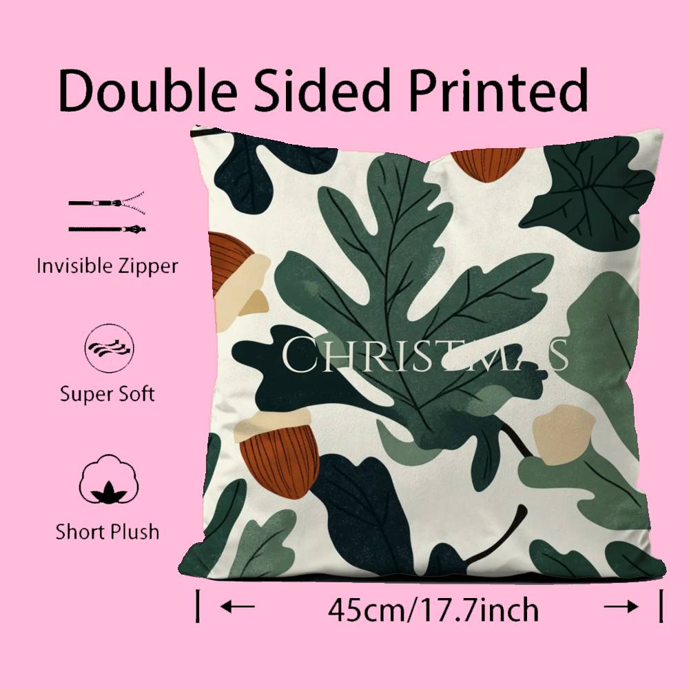 W-Winter Christmas P-Pine Leaf Pillow Case Anti-dustmite Pillow Invisible Zipper Silky Short Plush Sofa Cushion Cover