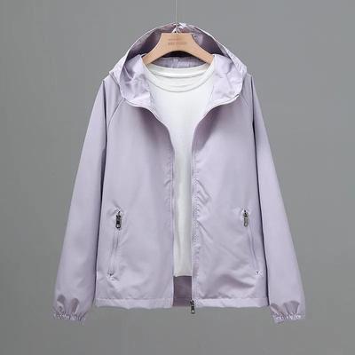 Women's Spring and Summer Solid Color Plus Size Hooded Zipper Jacket Loose Casual Windbreaker Jacket