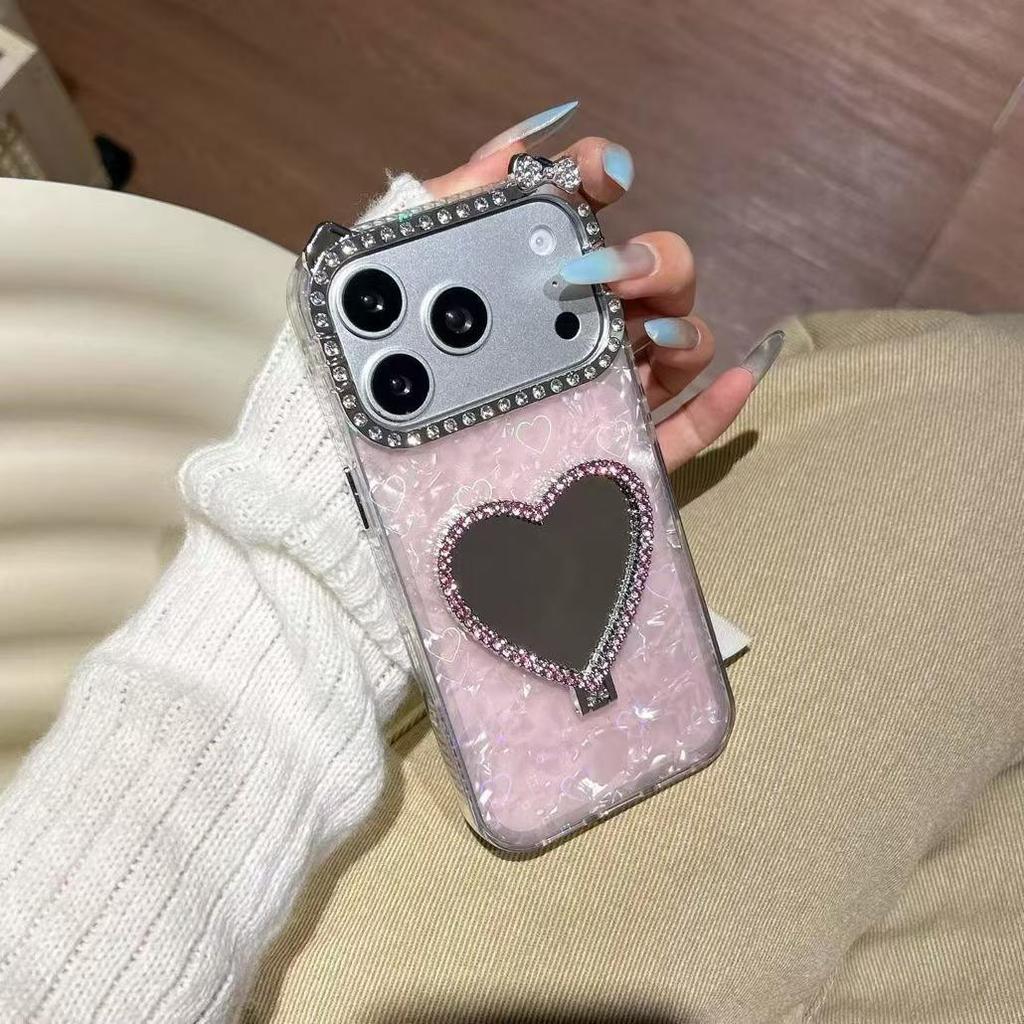 Heart-shaped Stand-Compatible iPhone Case with Inlaid Diamond Mirror and 3D Protective Design for iPhone 14-17