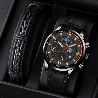 2PCS Set Mens Sports Watches Man Business Leather Bracelet Quartz Watch Men Casual Luminous Clock Reloj Hombre