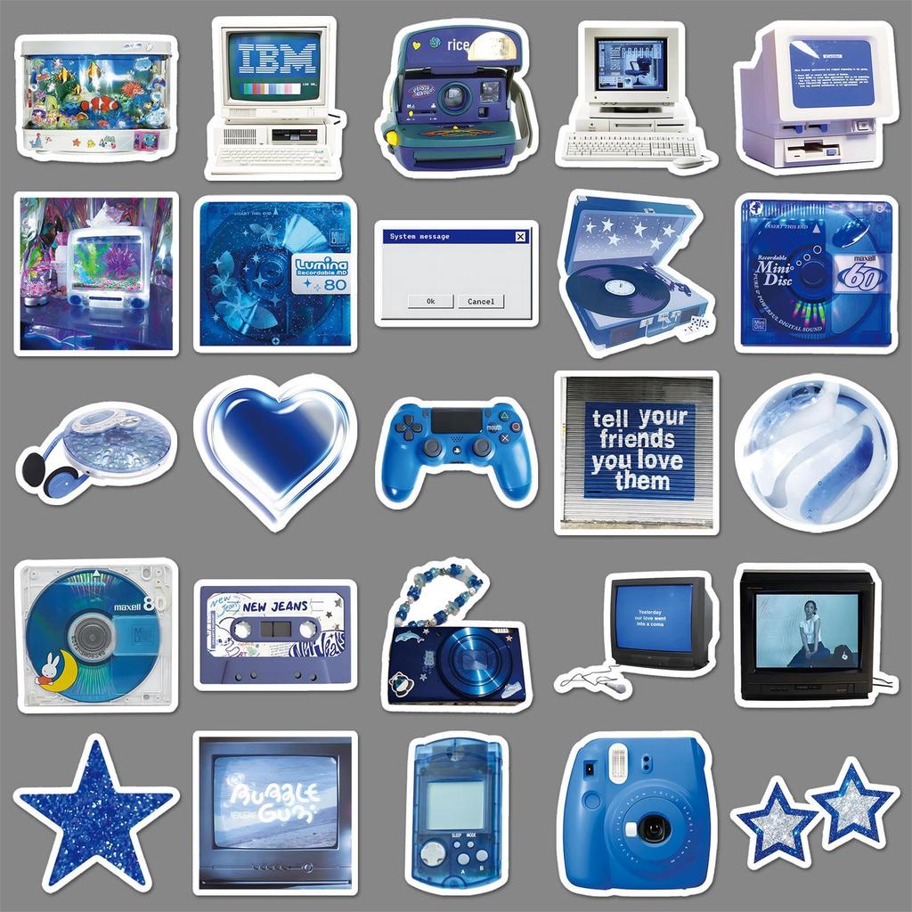 50pcs Blue Y2K Digital Graffiti Stickers: Retro Creative Decals for Phone, Tablet, Laptop