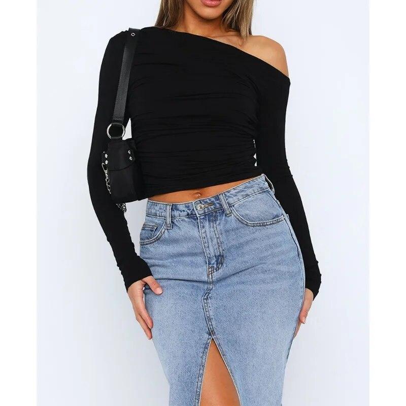 Fashion Slim Fit Skew Collar T-shirts Women Solid Pleated Off-the-Shoulder Crop Tees Tops Casual Elegant White T Shirt  30646