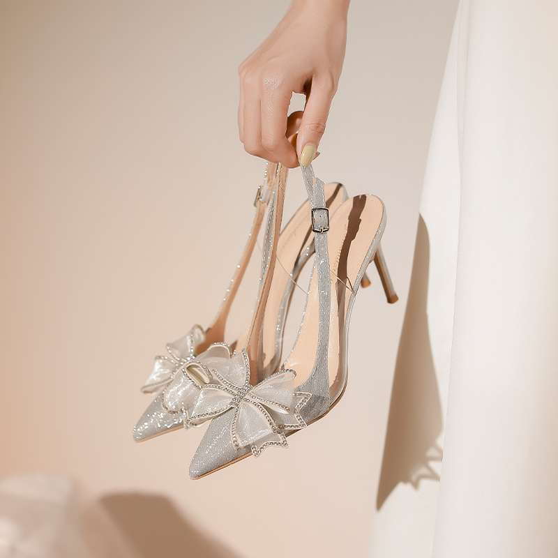 Bow high heels women's niche design sense crystal shoes bride wedding dress wedding shoes thin heel temperament bag head sandals women