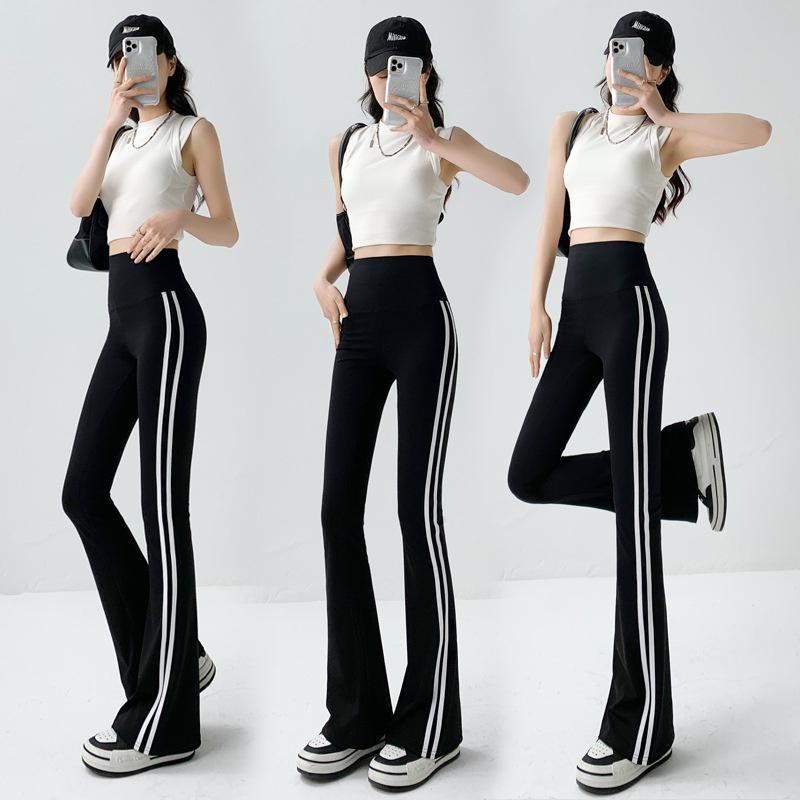Black Flared Shark Pants for Women, High-waisted Slimming Striped Pants with Pockets, Loose and Stylish Spring/autumn Bell-bottom Pants