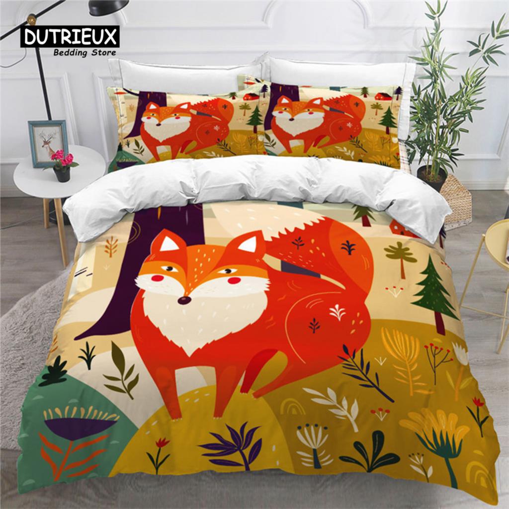 Kids Cartoon Fox Duvet Cover Microfiber Bedding Set Lovely Animal Theme Comforter Cover King For Kids Adults Girls Bedroom Decor
