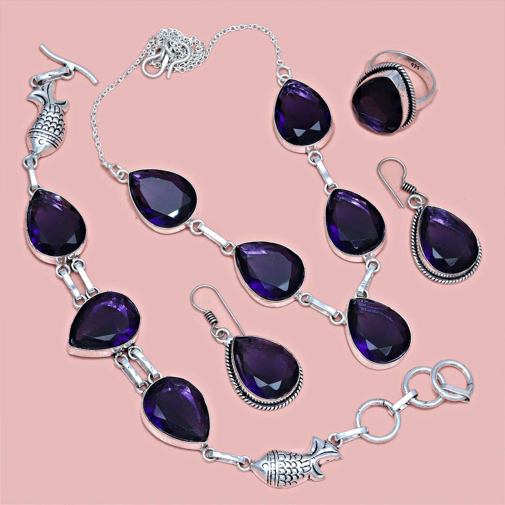 Set Amethyst Pendant Earrings Girls Earring Necklace Sterling