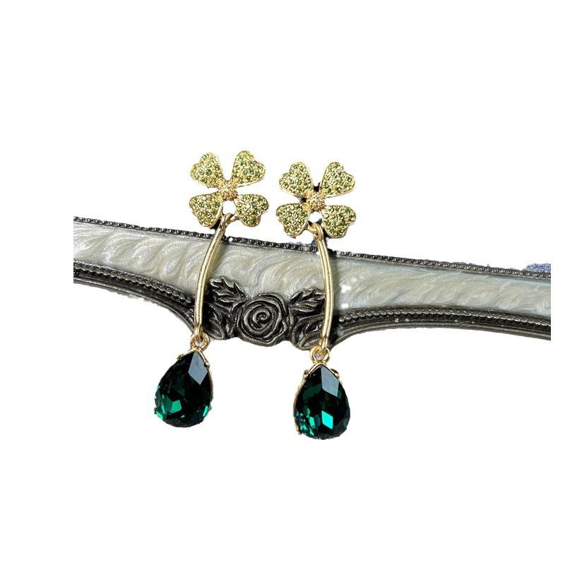 Osc Retro Gold Curved Hook Four-Leaf Clover & Teardrop Green Diamond Dangle Earrings for Women