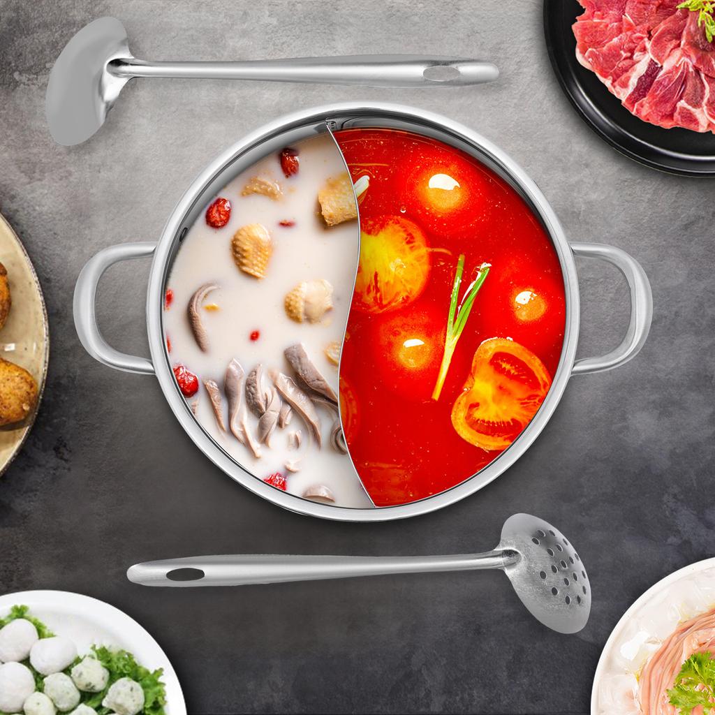 Stainless Steel Hot Pot with Divider, 28cm Dual Compartment Pot, 304 Stainless Steel Cookware W/ Glass Lid,Soup Spoon & Strainer